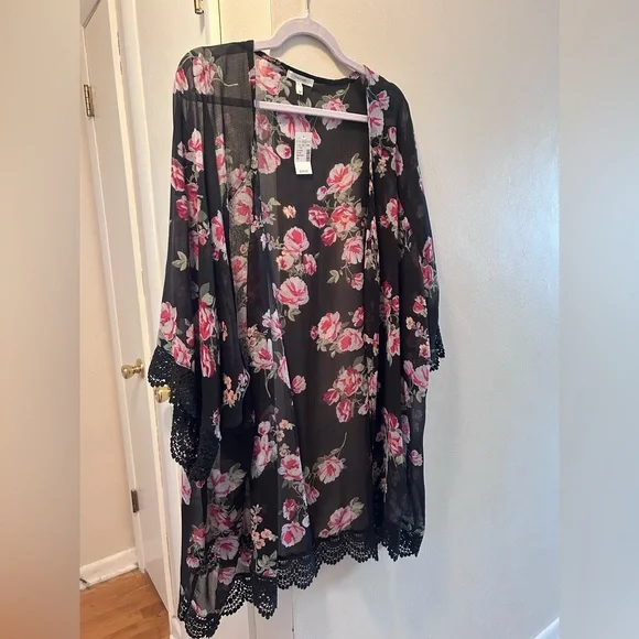 Maurices Black Kimono with Pink Floral Design - Picture 1 of 4
